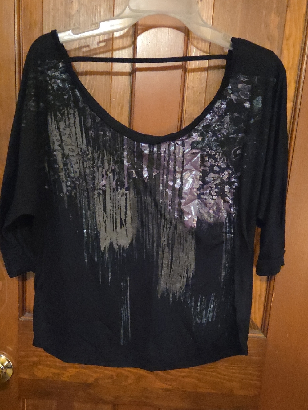 Decree Black Scoop Neck Elbow Sleeve Top with Metallic Accents